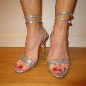 BADGLEY MISCHKA Silver Sparkle Double Ankle Strap Heels